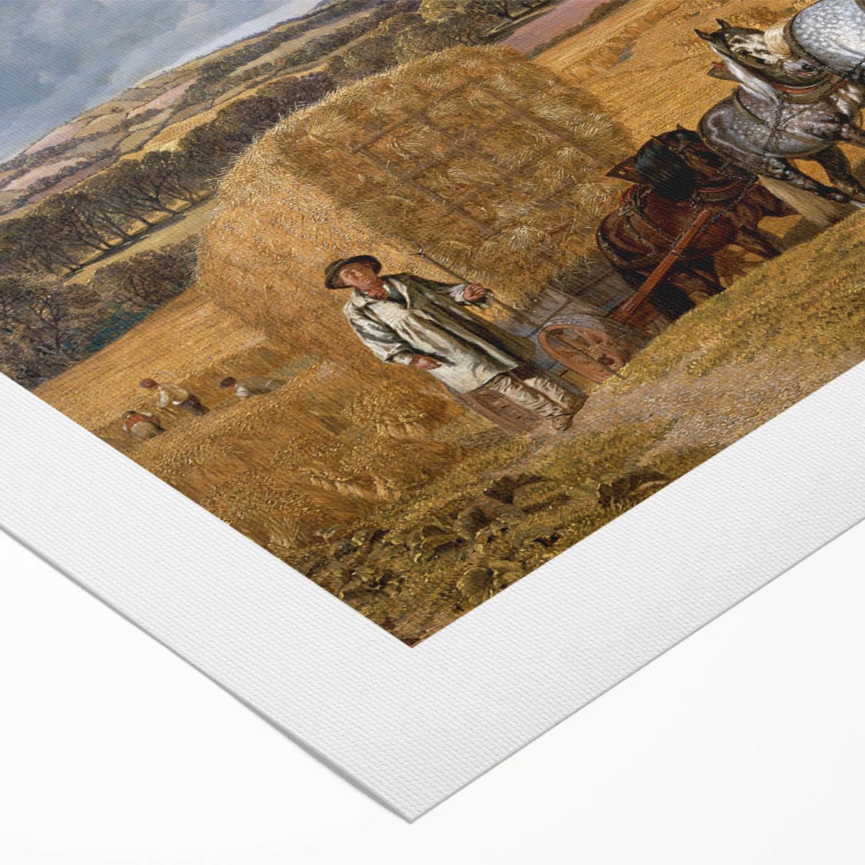 Realism Art Print of a Scenic Harvest Scene with Horses and Farmers