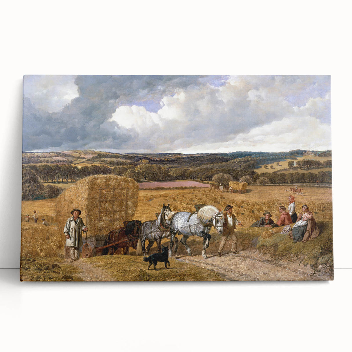 Realism Art Print of a Scenic Harvest Scene with Horses and Farmers