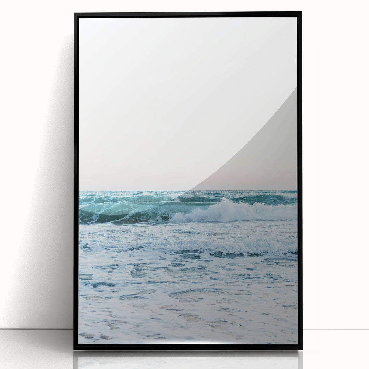 Large abstract wall art in vibrant orange and yellow hues, framed in black acrylic, suitable for modern living room decor.