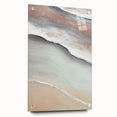 Abstract landscape wall art made from acrylic glass, showcasing vibrant colors and intricate textures, displayed with metal pins against a minimalist backdrop.