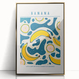 Large acrylic print of colorful fruits in mid-century modernist style, framed in gold, suitable for modern kitchen decor.