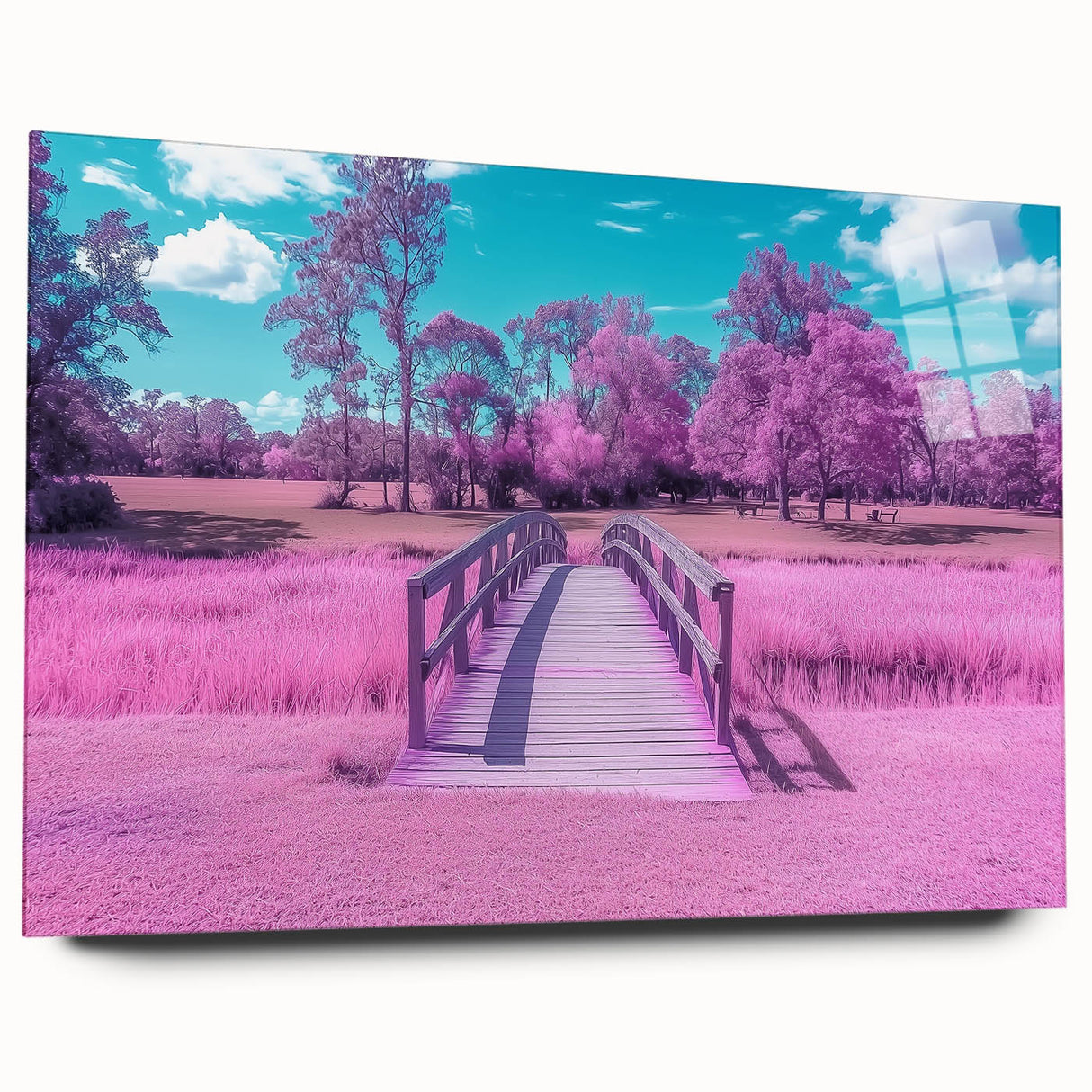 Acrylic glass landscape bridge design showcasing modern architecture in a side view, highlighting sleek lines and transparency, ideal for contemporary decor.