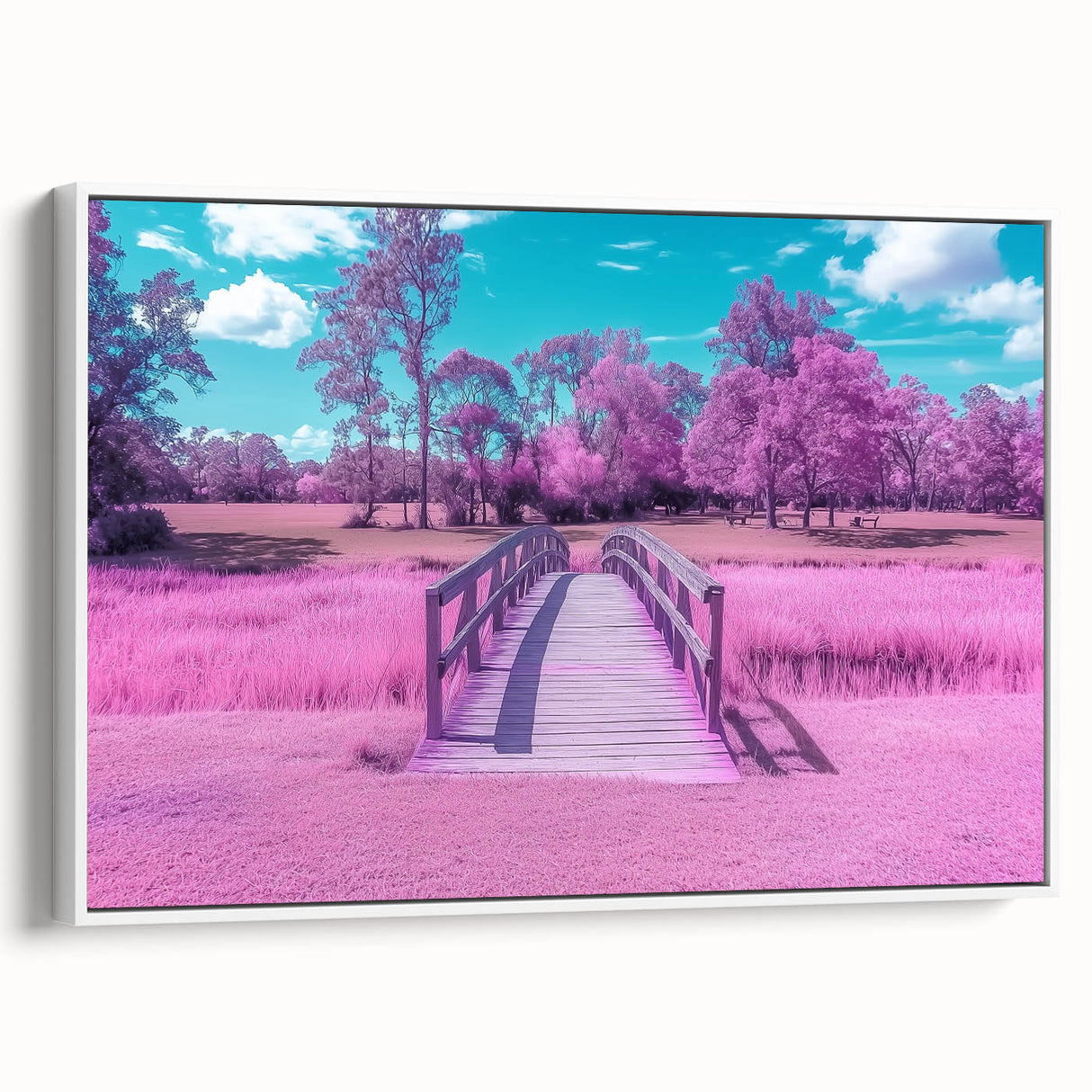 Framed canvas artwork depicting a serene landscape bridge in a vibrant color palette, showcasing intricate details and textures, ideal for home decor.