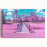 Stretched canvas artwork showcasing a landscape view of a scenic bridge, featuring vibrant colors and intricate details, ideal for home decor or art enthusiasts.