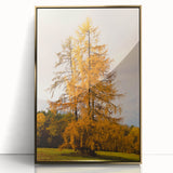 Large art print of a mid-century modernist fall scene, featuring muted earth tones on acrylic, ideal for nursery wall decor.