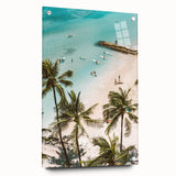 Large abstract wall art on acrylic glass depicting summer season themes in bright yellow and blue tones.