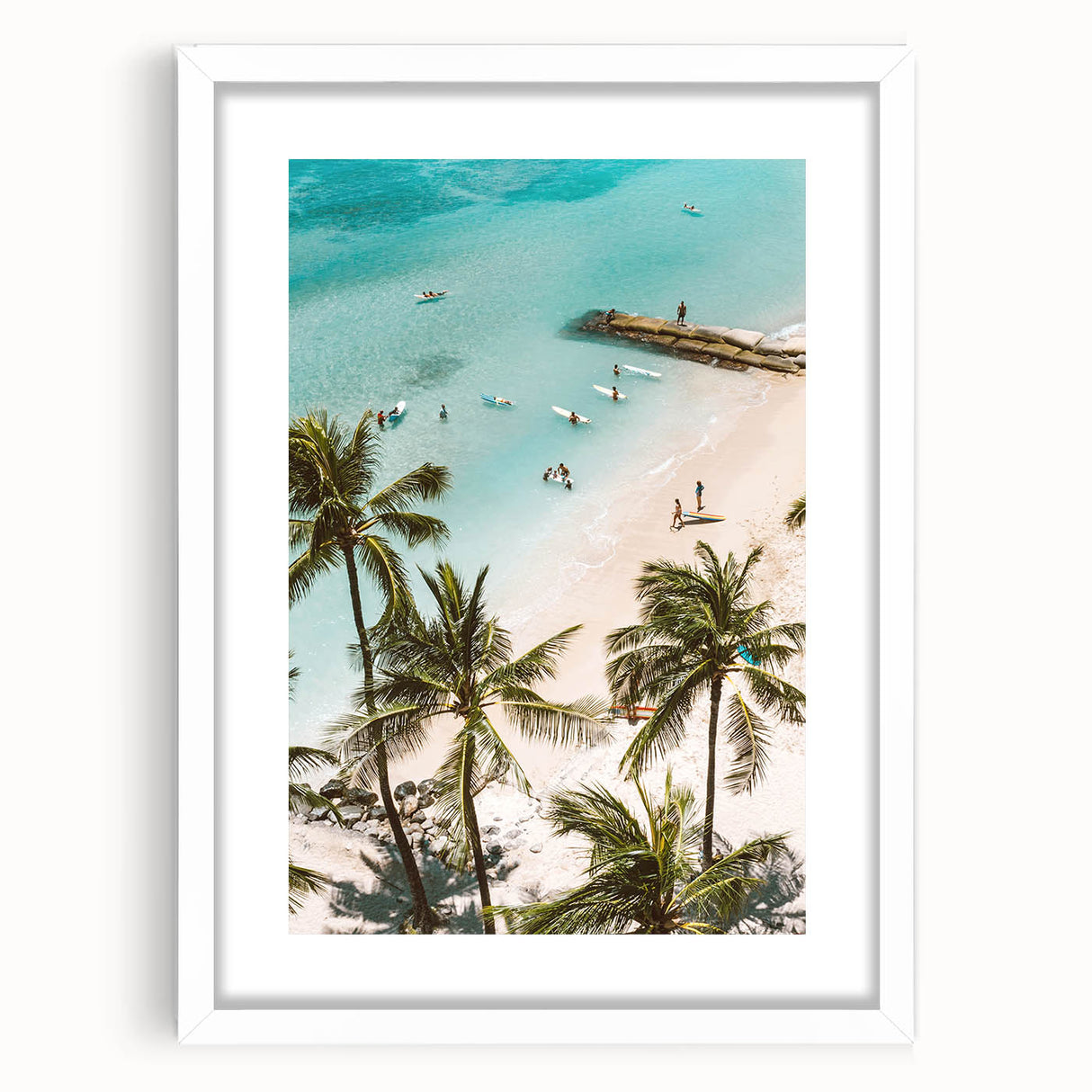 Abstract art print featuring swirling blue and green patterns on a white framed canvas.
