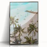 Mid-century modernist art depicting a summer scene with vibrant colors on a silver-framed acrylic print.