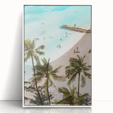Art deco poster of a stylized summer scene in pastel shades, acrylic print in a white frame, suitable for nursery wall art.