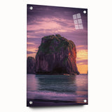 Acrylic landscape art piece showcasing dramatic cliffs and vibrant colors, elegantly displayed with glass framing and pin mounts for a modern aesthetic.