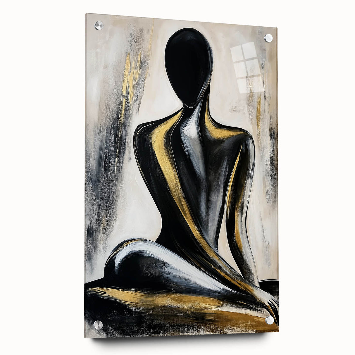Abstract figurative acrylic art piece displayed in a glass frame, showcasing vibrant colors and pins for mounting, ideal for modern home decor.