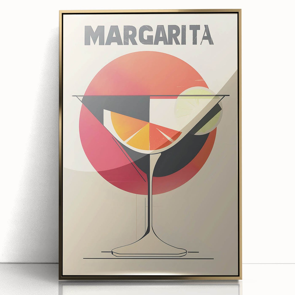 Art Deco poster of food and drinks in muted gold tones on framed acrylic, ideal for modern kitchen decor.