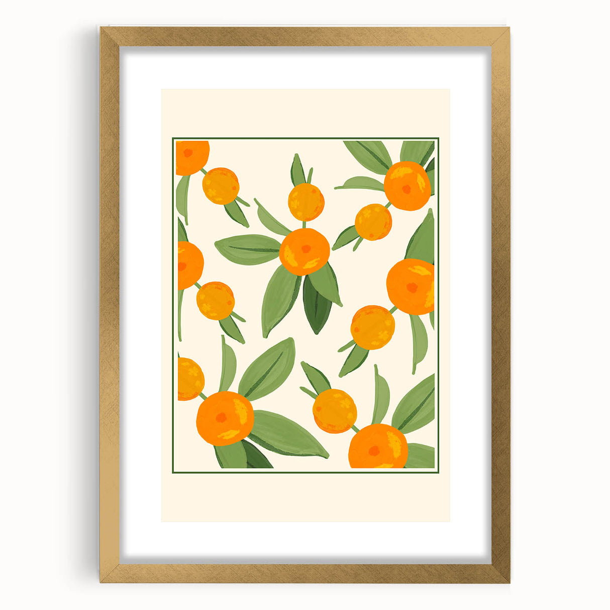 Extra large abstract art print featuring textured fruits in vibrant colors on a gold-framed canvas.