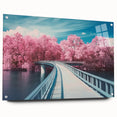 Acrylic glass landscape bridge design showcasing vibrant colors and intricate details, supported by sleek pins, ideal for modern home decor. Perfect centerpiece for art enthusiasts.