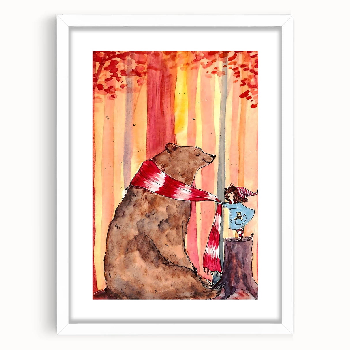 Charming Boys Room Wall Art – Bear and Girl in Autumn Forest