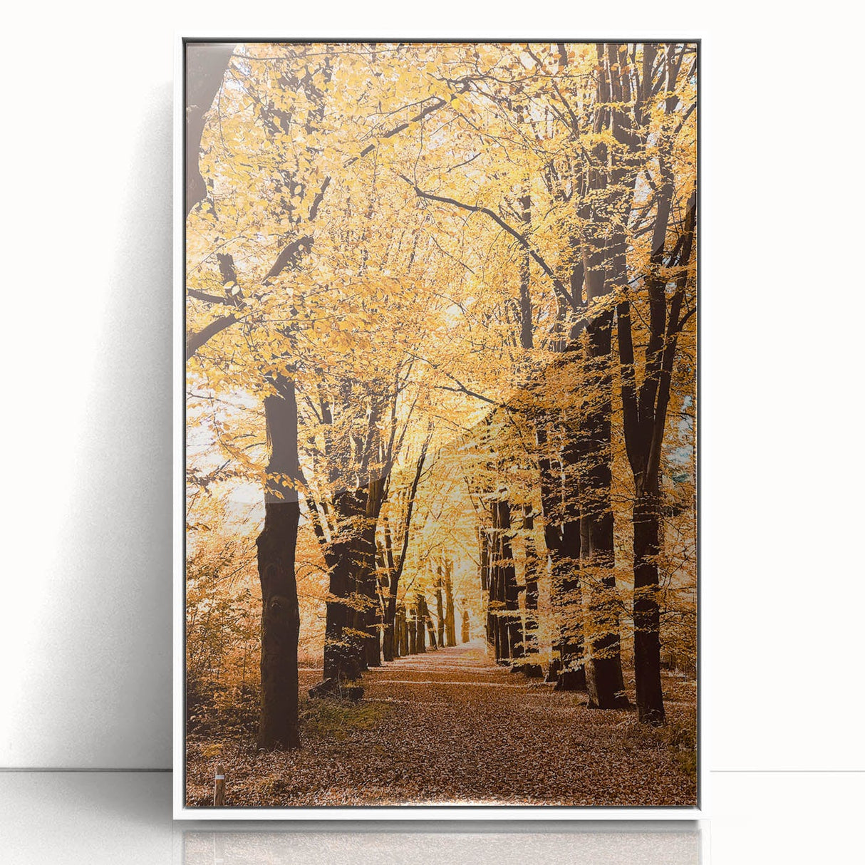 Acrylic print of a modern art wall decor depicting abstract fall foliage in warm orange and yellow tones.