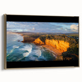 Framed canvas artwork depicting vibrant landscapes with cliffs, featuring a gold frame and side view showcasing detailed textures and colors, ideal for home decor.