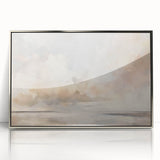 Framed acrylic wall art depicting an abstract landscape in silver tones, showcasing fluid shapes and textures, perfect for modern home decor.