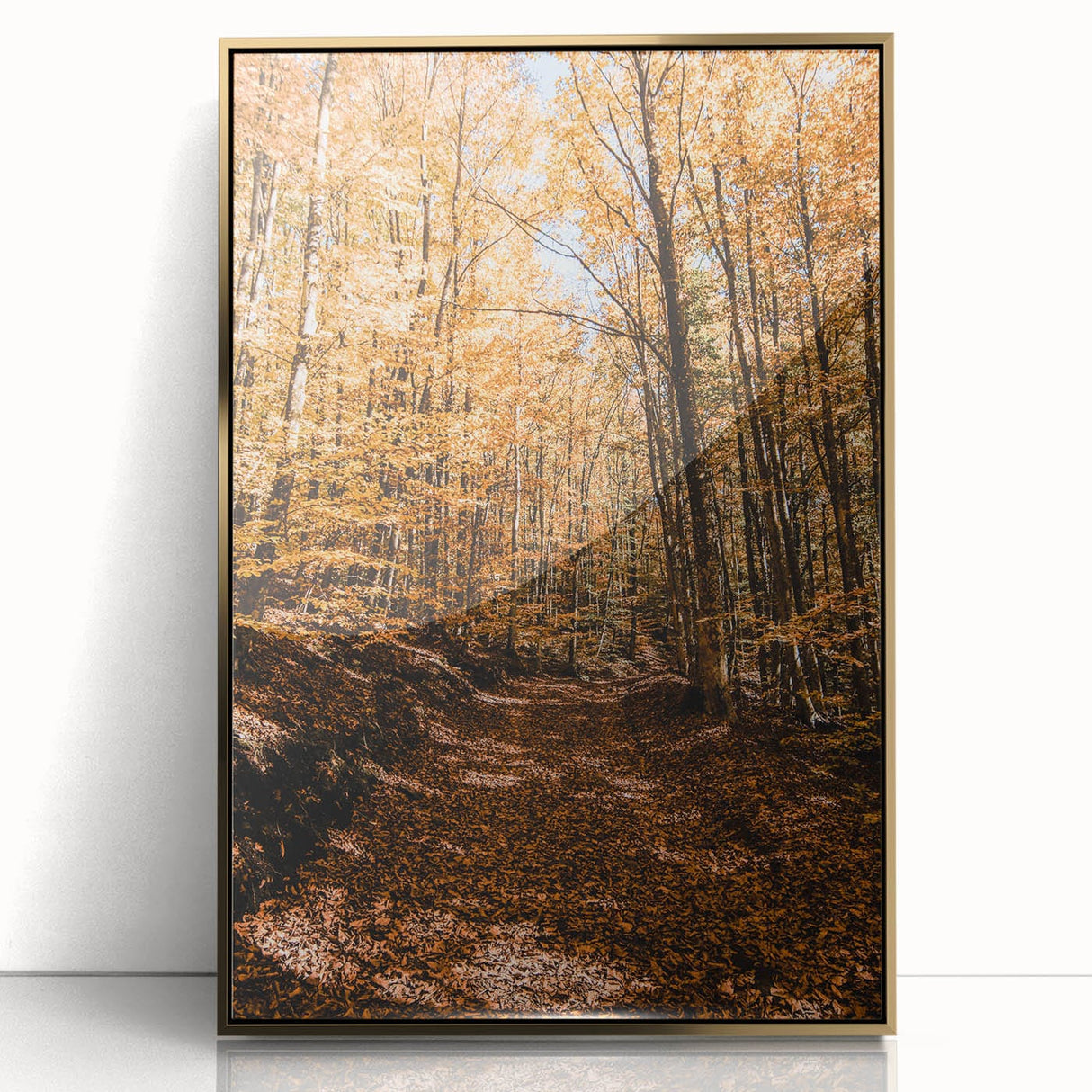 Mid-century modernist art depicting an abstract fall scene in warm gold and orange tones, framed acrylic.