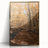 Mid-century modernist art depicting an abstract fall scene in warm gold and orange tones, framed acrylic.