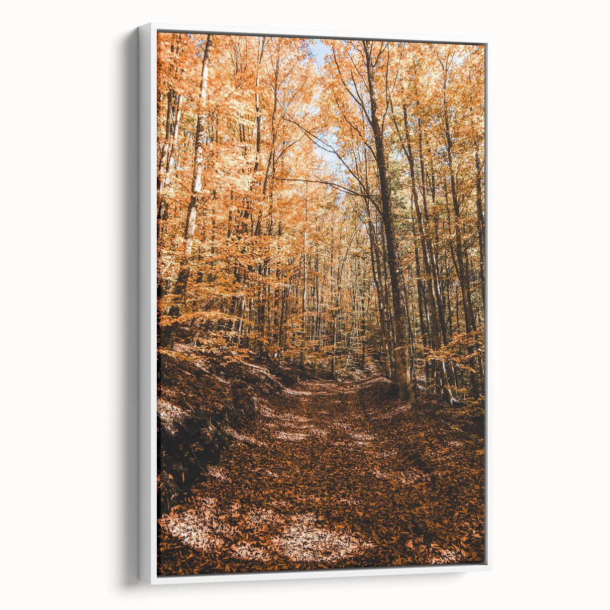 Vintage poster art of autumn leaves in vibrant red and orange on a large framed canvas, ideal for living room decor.