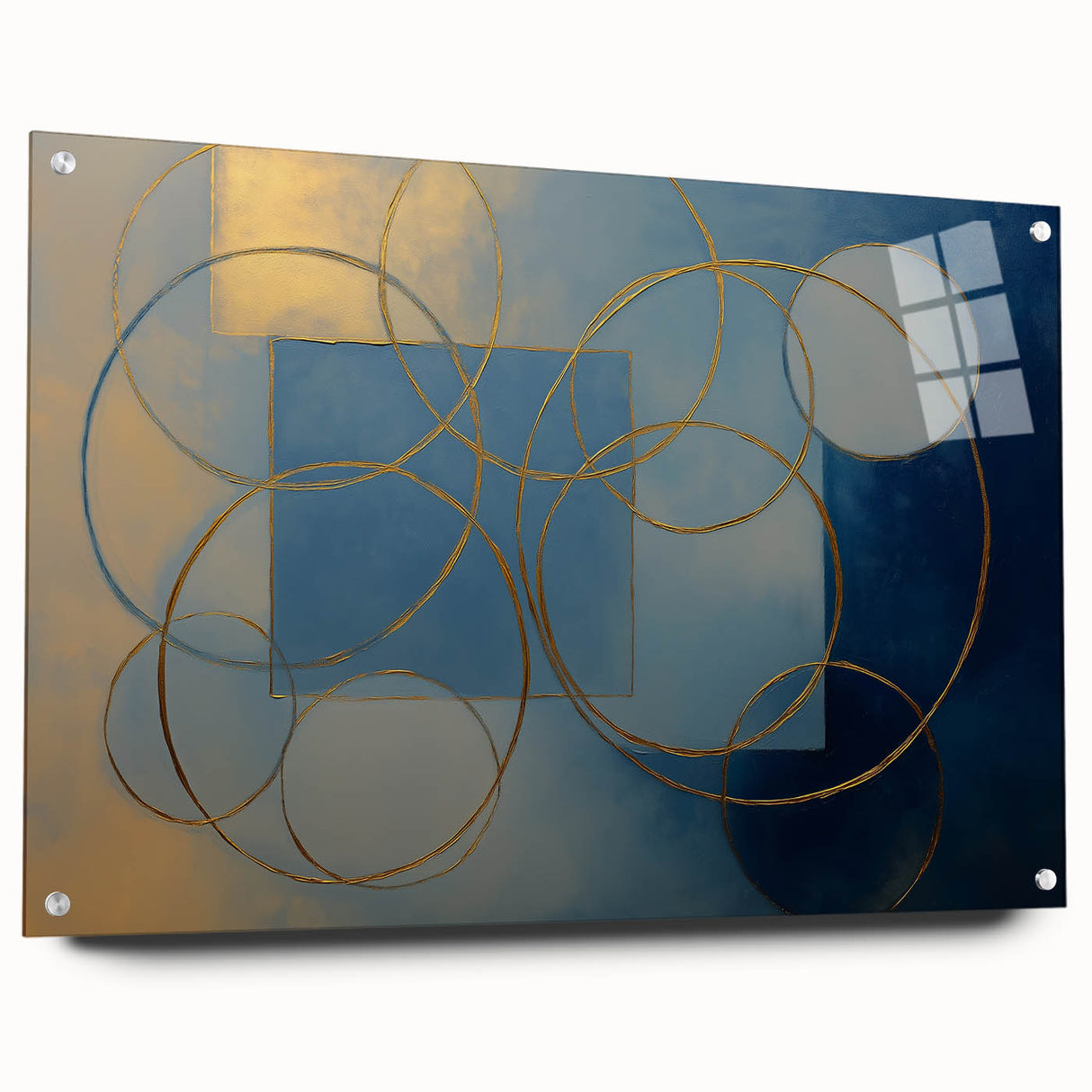 Modern Geometric Abstract - Gold & Blue Living Room Wall Art