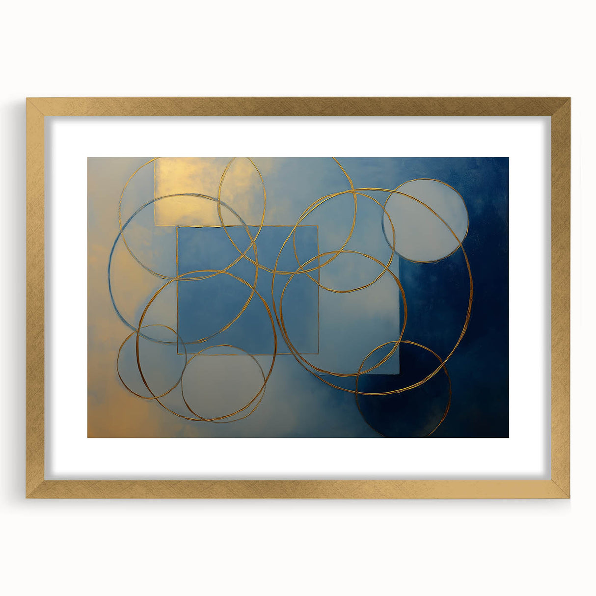 Modern Geometric Abstract - Gold & Blue Living Room Wall Art
