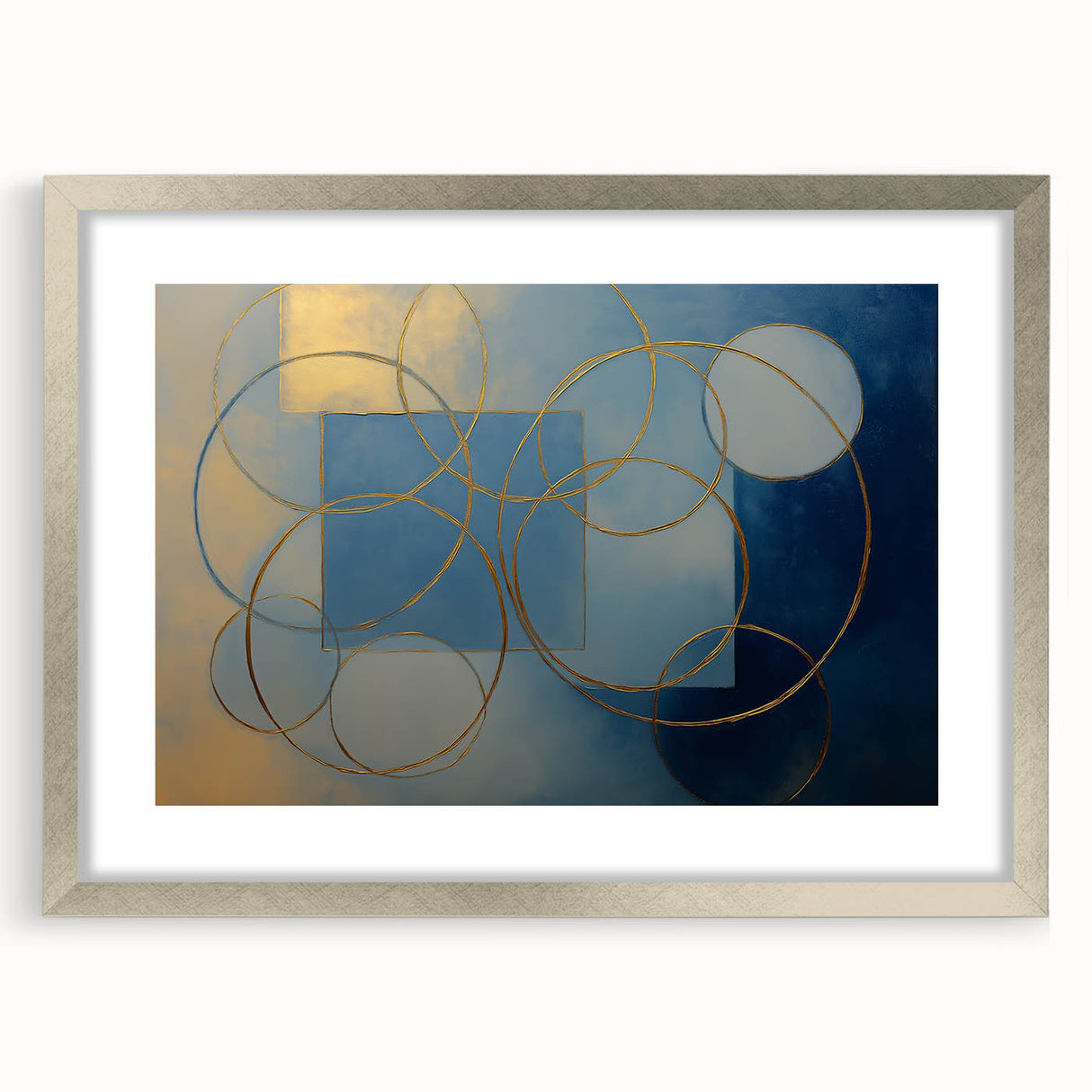 Modern Geometric Abstract - Gold & Blue Living Room Wall Art