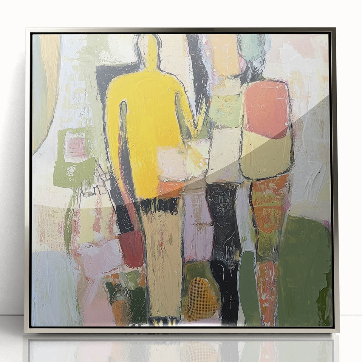 Framed abstract figurative artwork with a silver acrylic finish, showcasing dynamic shapes and a modern aesthetic, ideal for contemporary home decor.