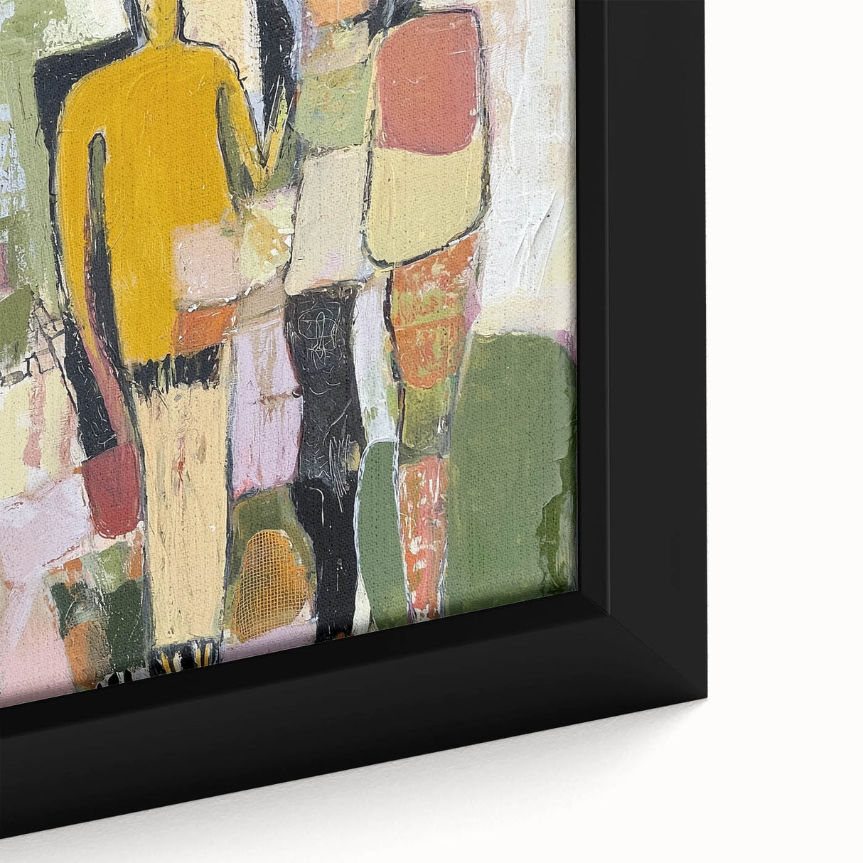 Close-up of a vibrant abstract figurative art piece, showcasing bold colors and intricate textures, elegantly framed for modern decor enhancement. Ideal for contemporary art lovers.