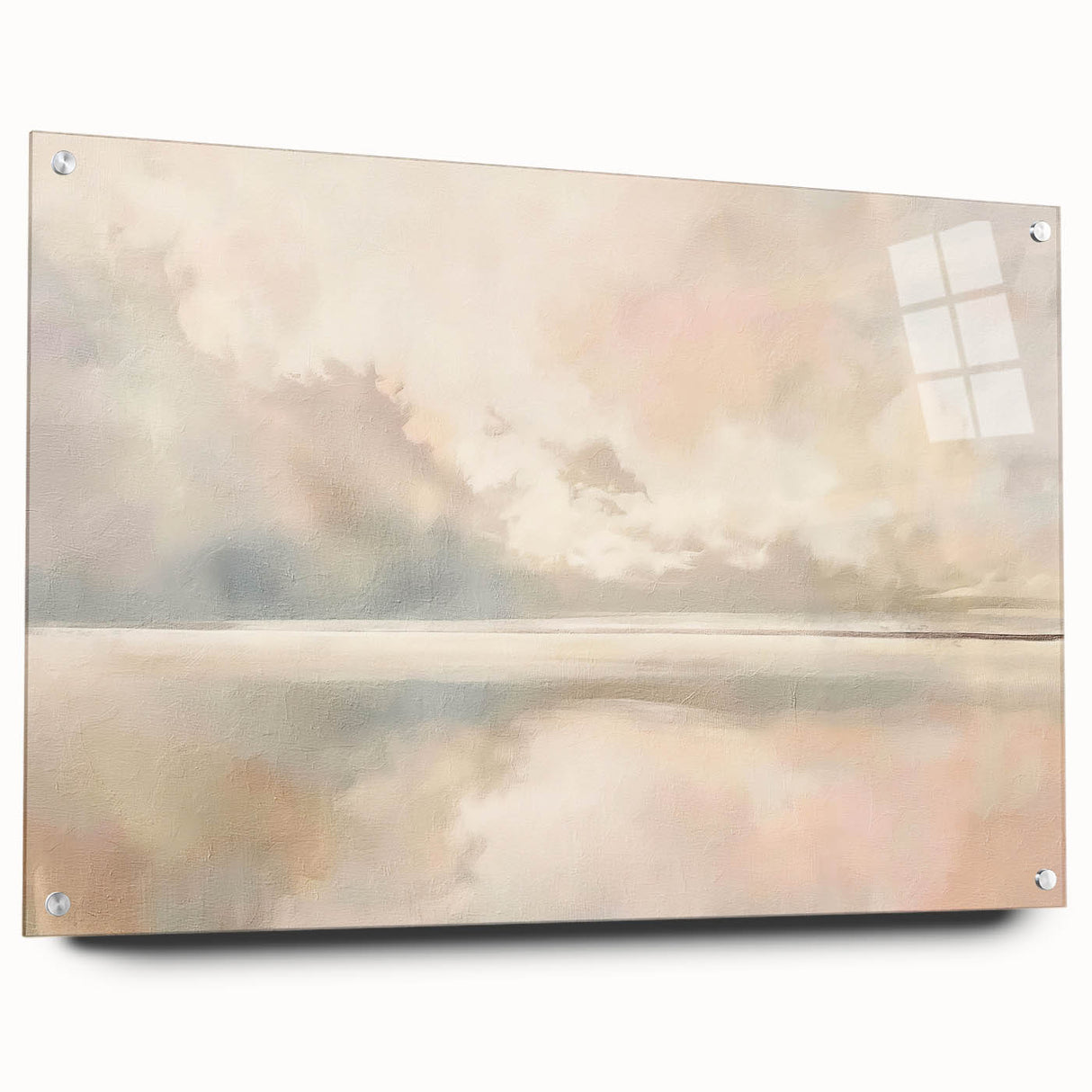 Abstract landscape wall art displayed in an acrylic glass frame, showcasing vibrant colors and intricate designs, ideal for modern home decor. The side view highlights the mounting pins and sleek finish, enhancing any interior space with a contemporary touch.