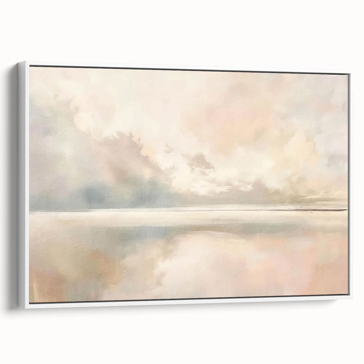 Framed abstract landscape wall art showcasing soft hues of blue, green, and white, elegantly displayed in a modern white frame, perfect for contemporary decor.
