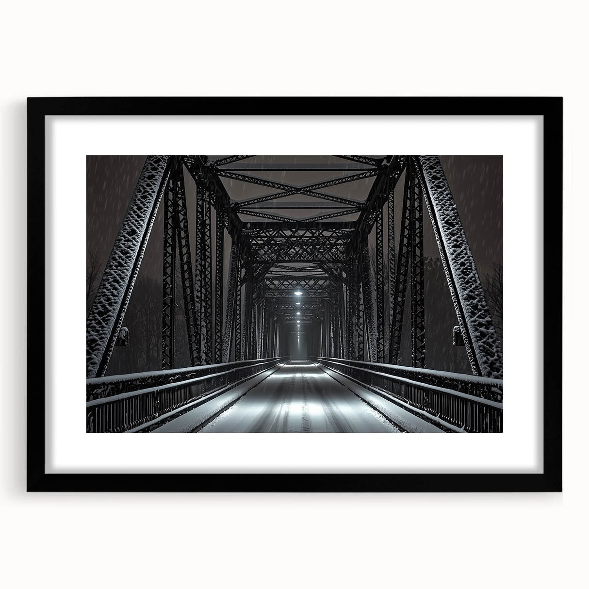 Black landscape bridge frame with mat, showcasing a sleek front view design perfect for modern decor. Ideal for displaying art or photographs, enhancing any interior space.