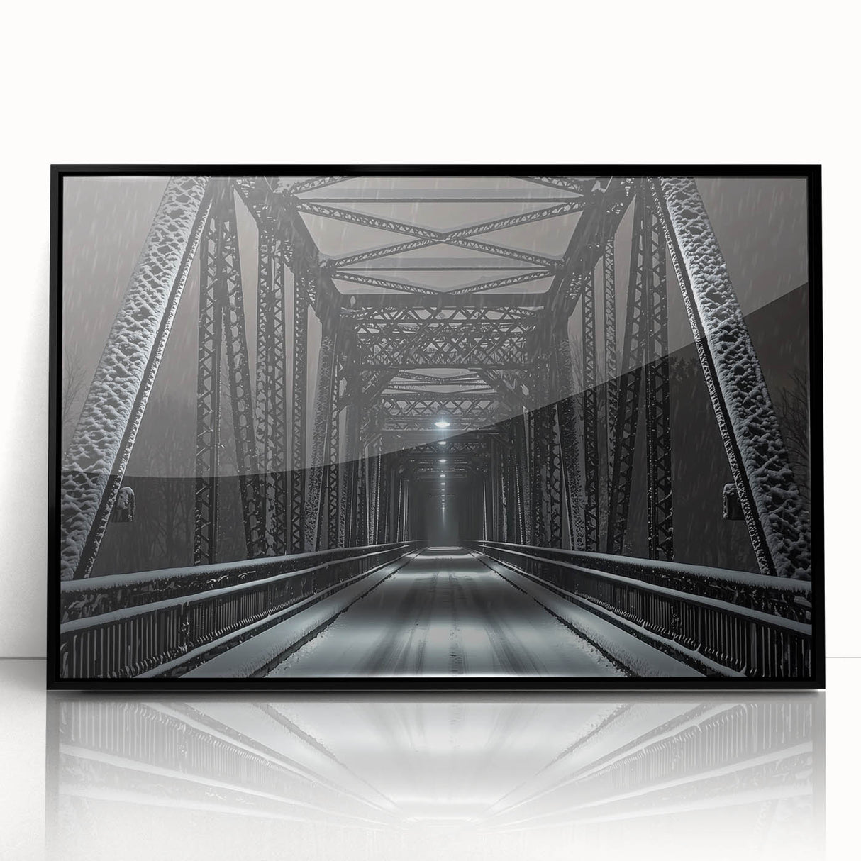 Framed acrylic artwork depicting a landscape bridge in black, showcasing intricate details and vibrant colors, ideal for modern home decor.