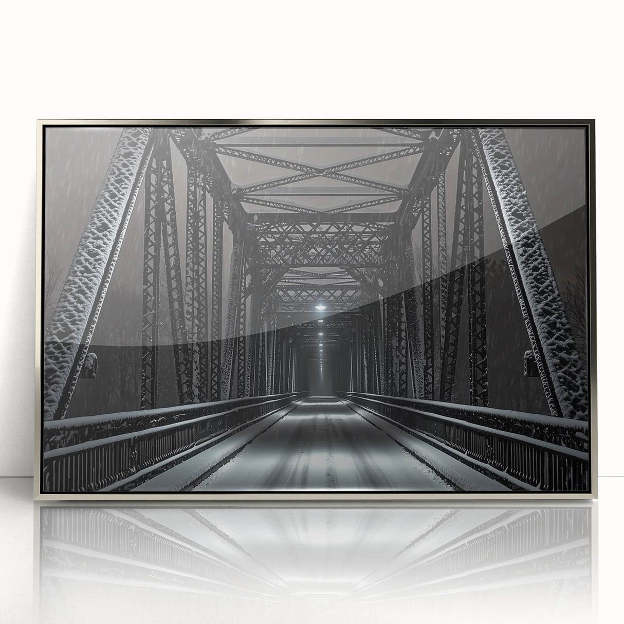 Framed acrylic artwork of a modern landscape bridge design in silver tones, showcasing intricate details and sleek lines, perfect for contemporary home decor.