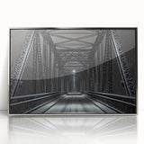 Framed acrylic artwork of a modern landscape bridge design in silver tones, showcasing intricate details and sleek lines, perfect for contemporary home decor.