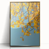 Large art print of a mid-century modernist fall scene in gold and orange hues on acrylic, ideal for modern art wall decor.