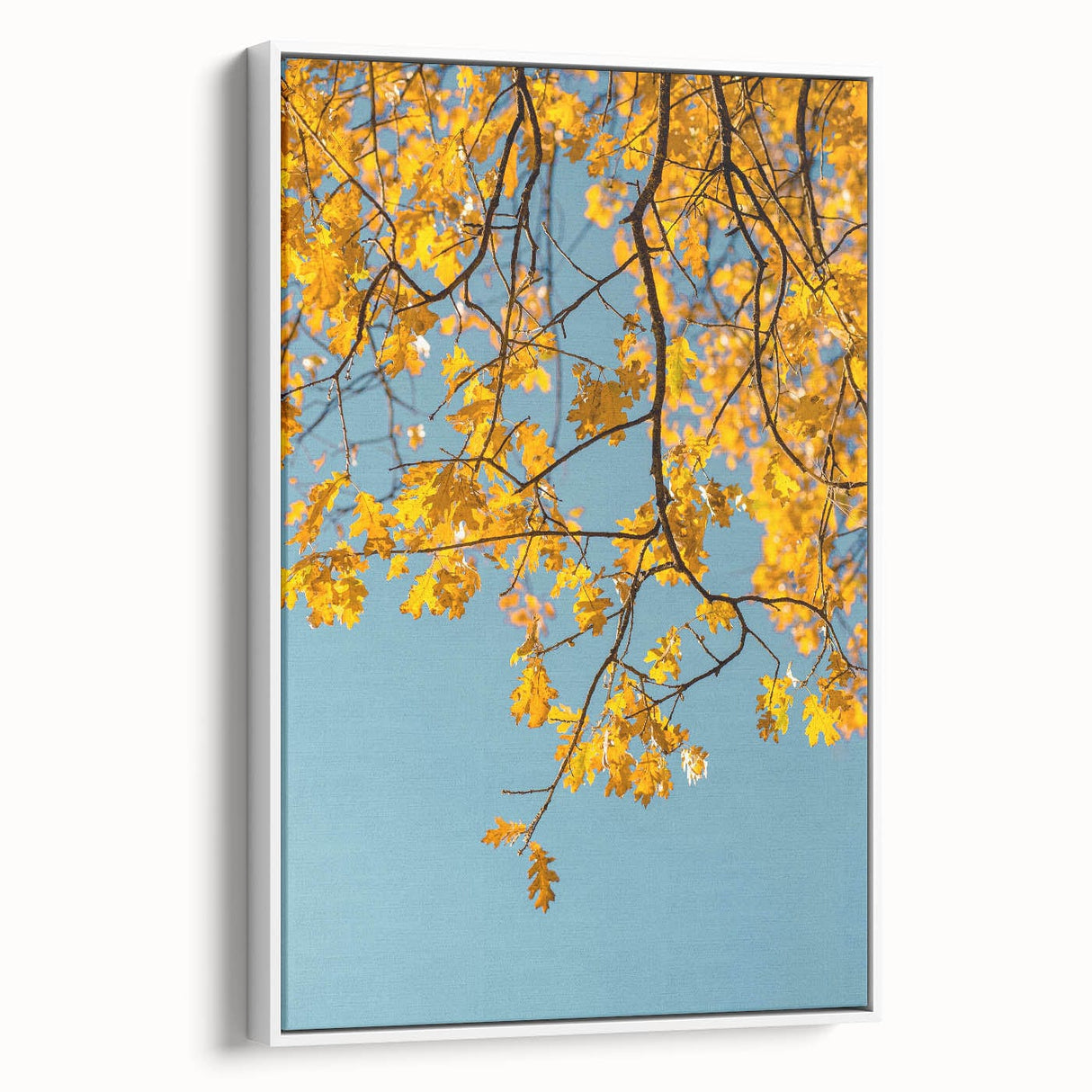 Vintage poster art of an autumn scene in muted orange and brown tones, framed canvas, ideal for living room decor.