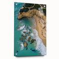 Acrylic landscape artwork depicting dramatic cliffs, viewed from the side with sleek glass finish and decorative pins, enhancing modern interior decor.