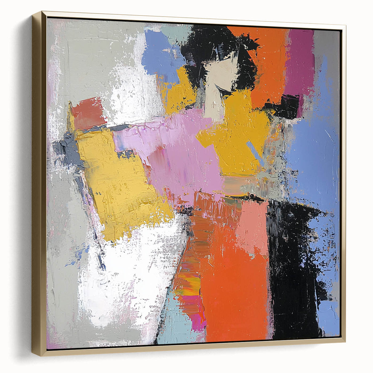 Framed abstract figurative canvas artwork showcasing elegant silver and gold tones, perfect for modern home decor, highlighting contemporary artistic design.