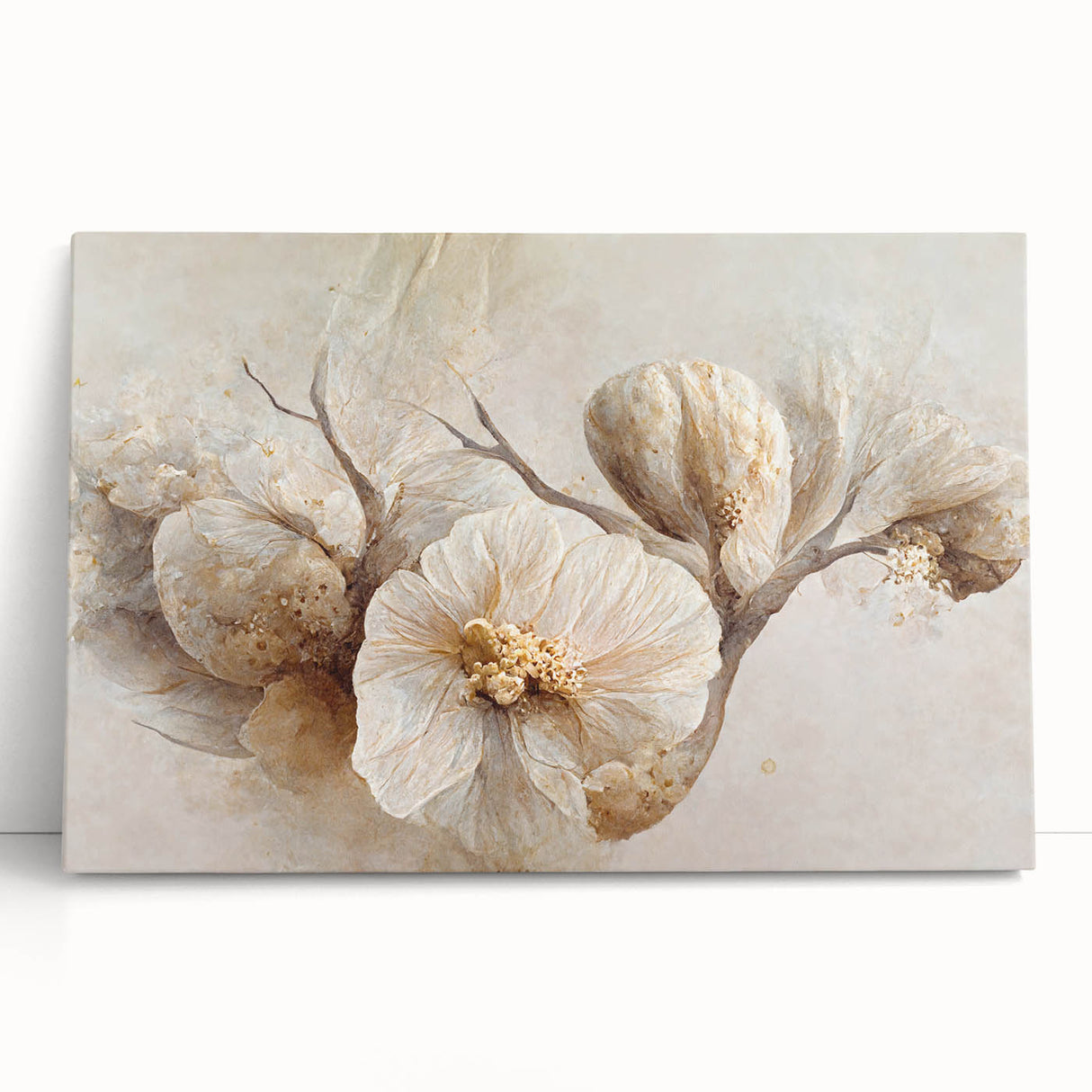 Stretched canvas wall art showcasing vibrant abstract florals in bold colors, elegantly leaning against a neutral wall, perfect for modern home decor.