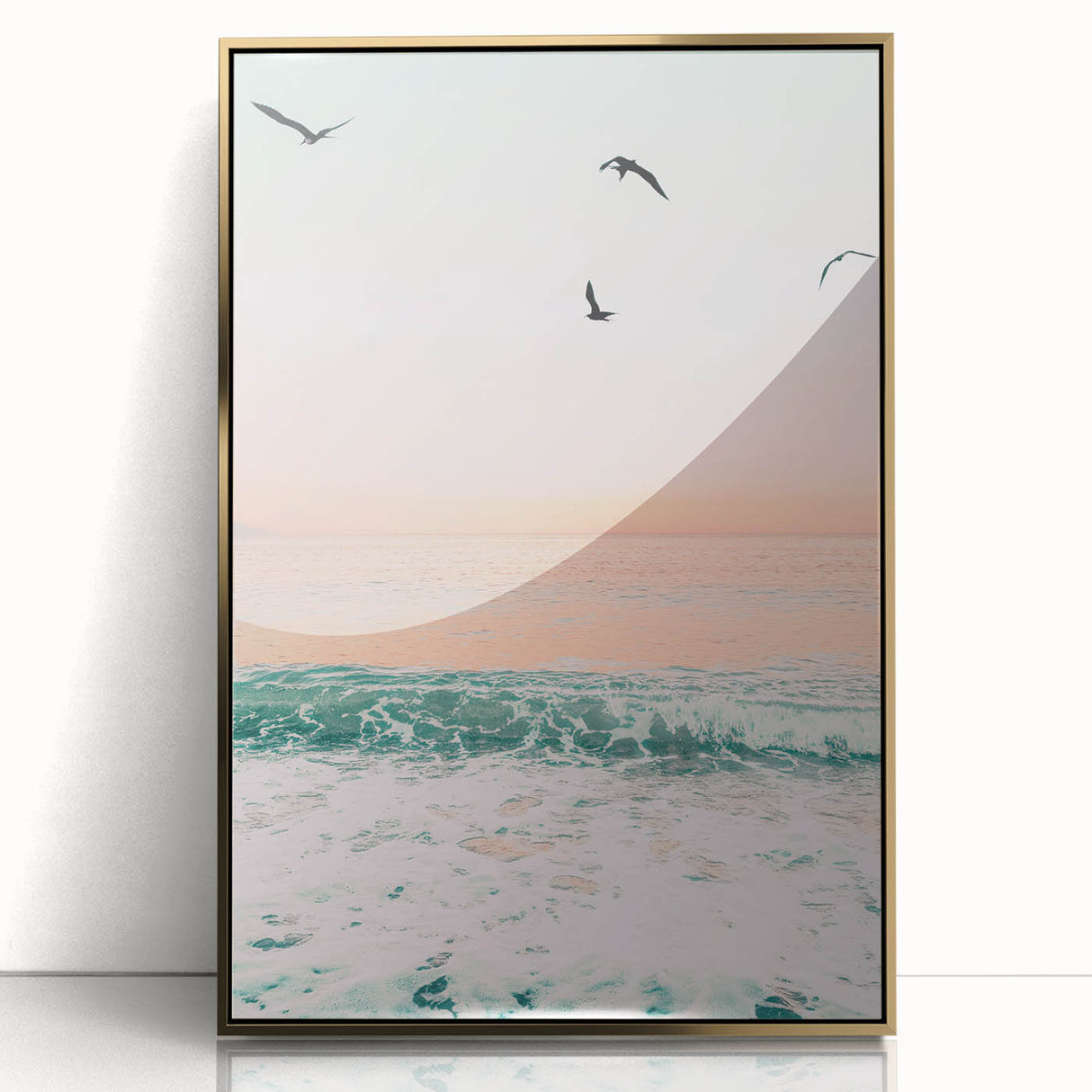 Large art print of a mid-century modernist summer scene in gold frame, ideal for modern art wall decor.