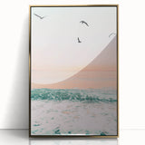 Large art print of a mid-century modernist summer scene in gold frame, ideal for modern art wall decor.