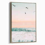 Vintage poster art of a summer landscape on framed canvas, featuring muted greens and yellows, ideal for bedroom wall decor.