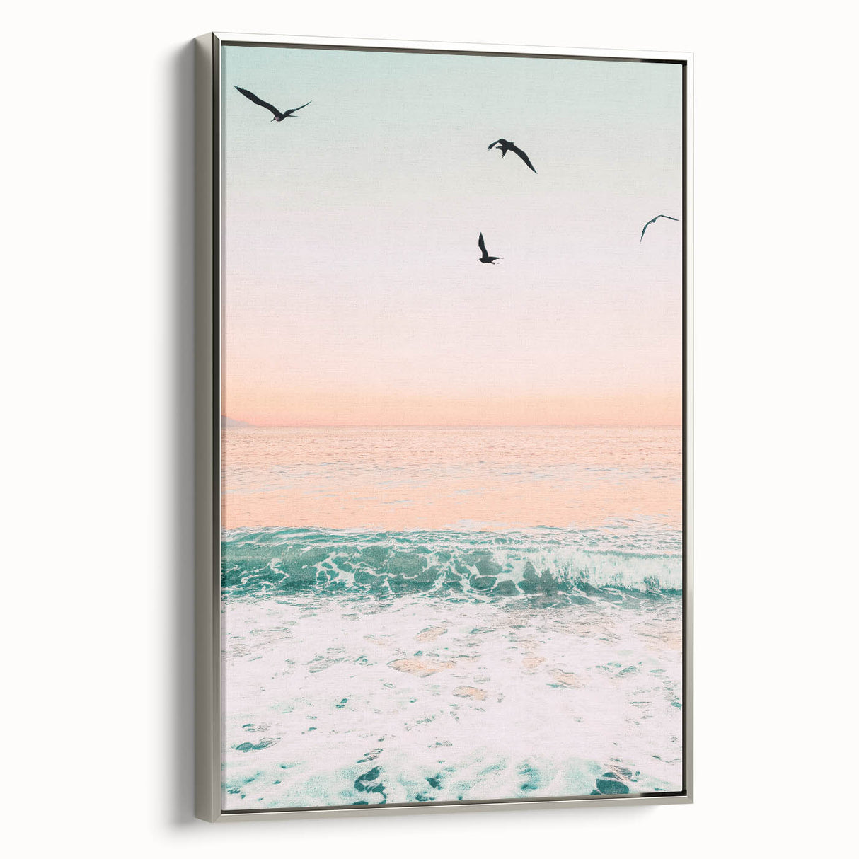 Landscape art painting of a summer scene on framed canvas, featuring vibrant colors and vintage poster style.