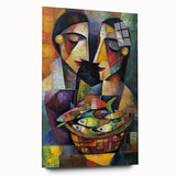 Abstract figurative acrylic artwork displayed from a side view, showcasing vibrant colors and dynamic shapes, perfect for modern home decor.