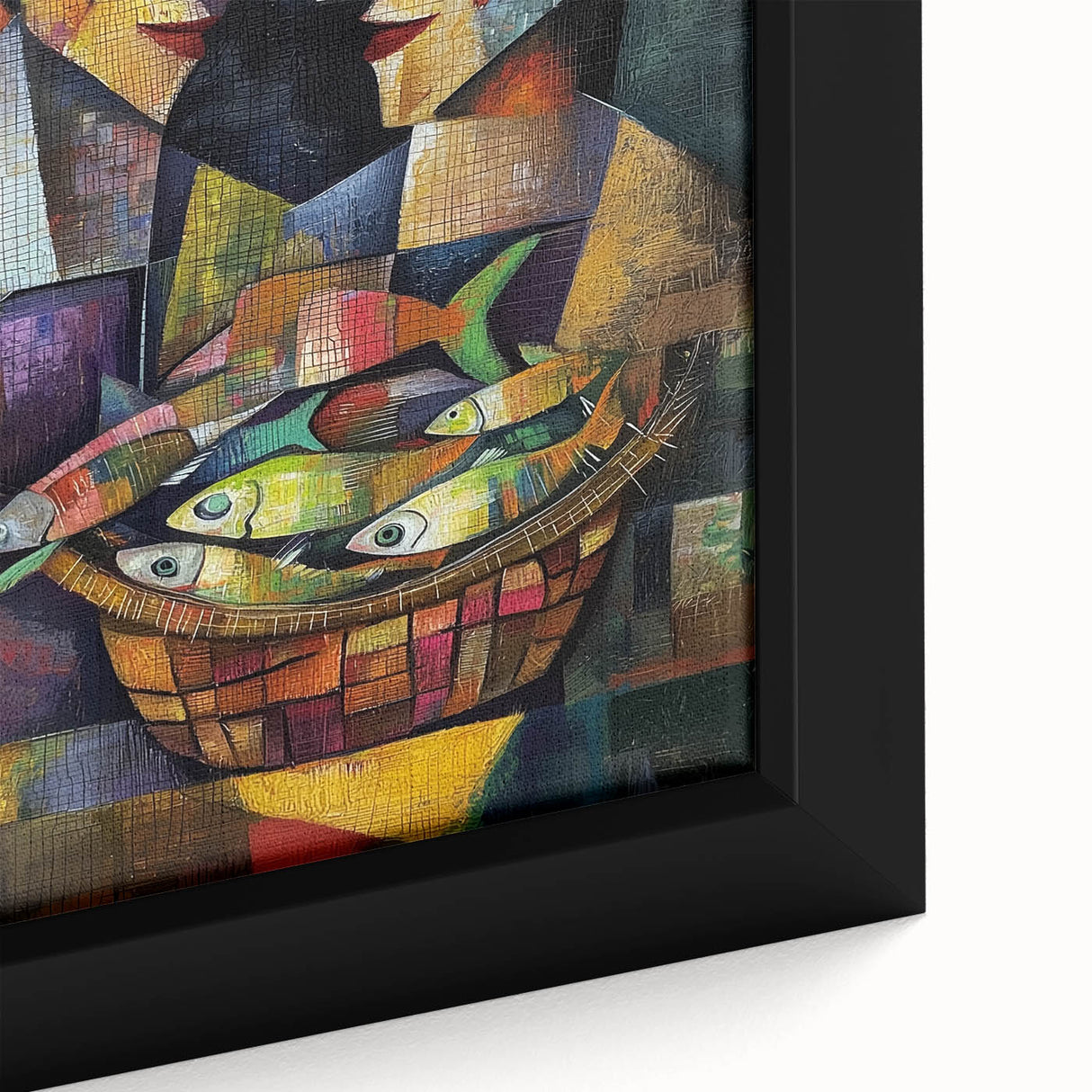 Close-up of a vibrant abstract figurative framed canvas artwork, showcasing bold colors and intricate textures, perfect for modern home decor and artistic expression.