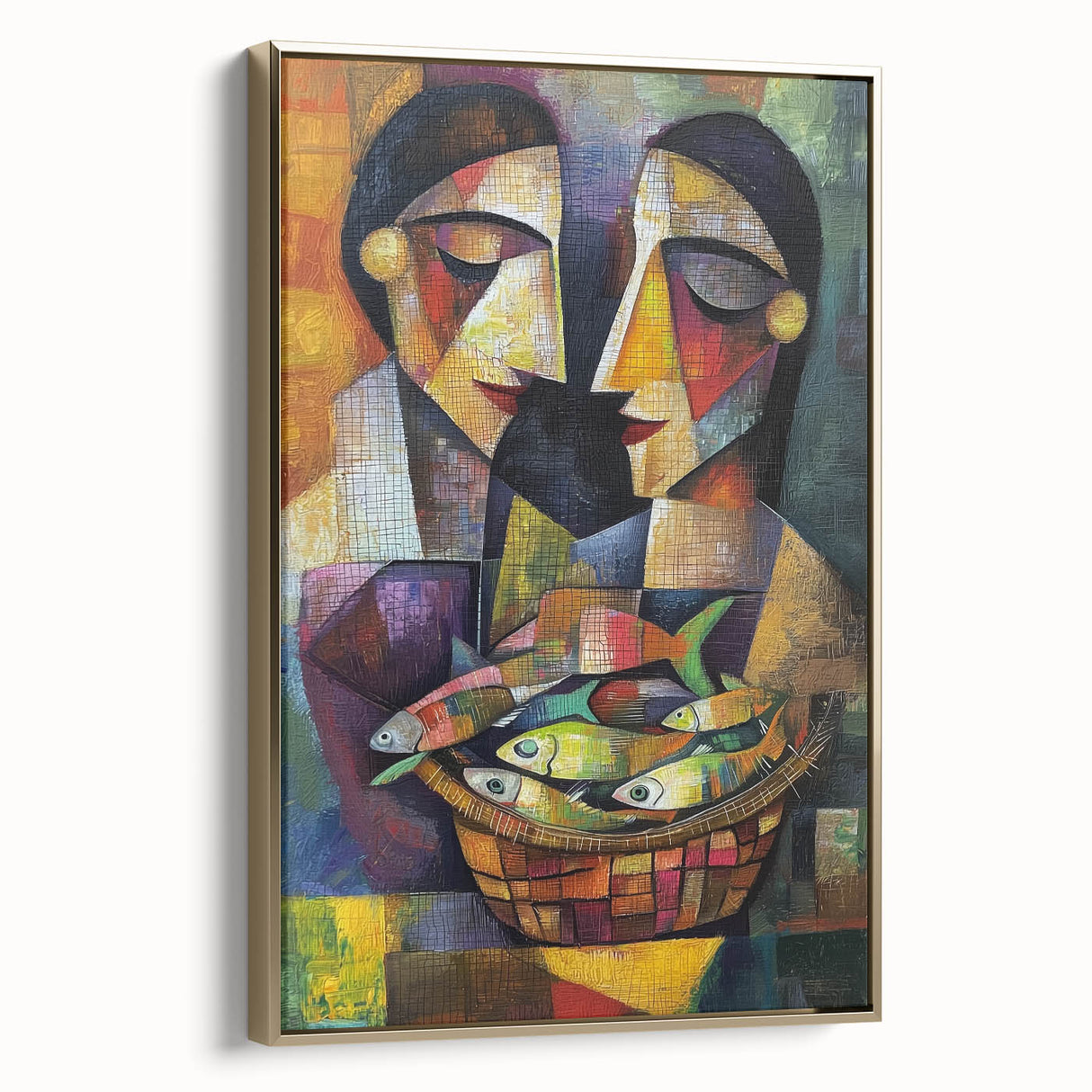Framed abstract figurative canvas art with gold accents, showcasing a modern design that adds elegance to any room. Perfect for contemporary home decor.