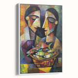 Abstract figurative framed canvas artwork showcasing a modern design with vibrant colors, displayed from a white side view, ideal for contemporary home decor.