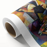 Abstract figurative artwork on rolled canvas showcasing vibrant colors and dynamic shapes, elegantly packaged in a durable cardboard tube for easy transport.